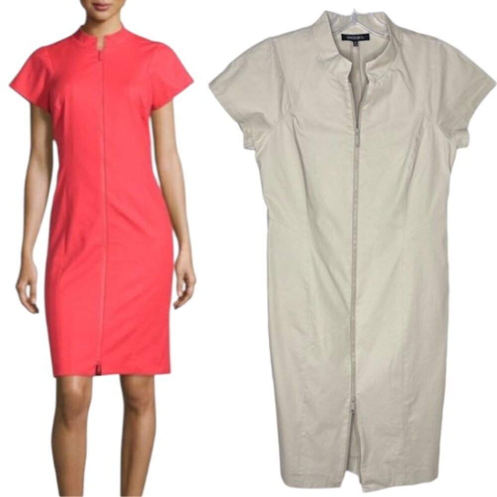 Lafayette 148 Cotton Cap Sleeve Sheath Dress 2-Way Zipper - 6 - Khaki